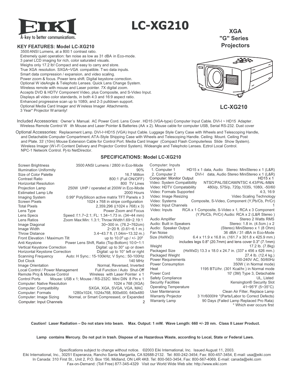 Eiki LC-XG210 User Manual | 1 page