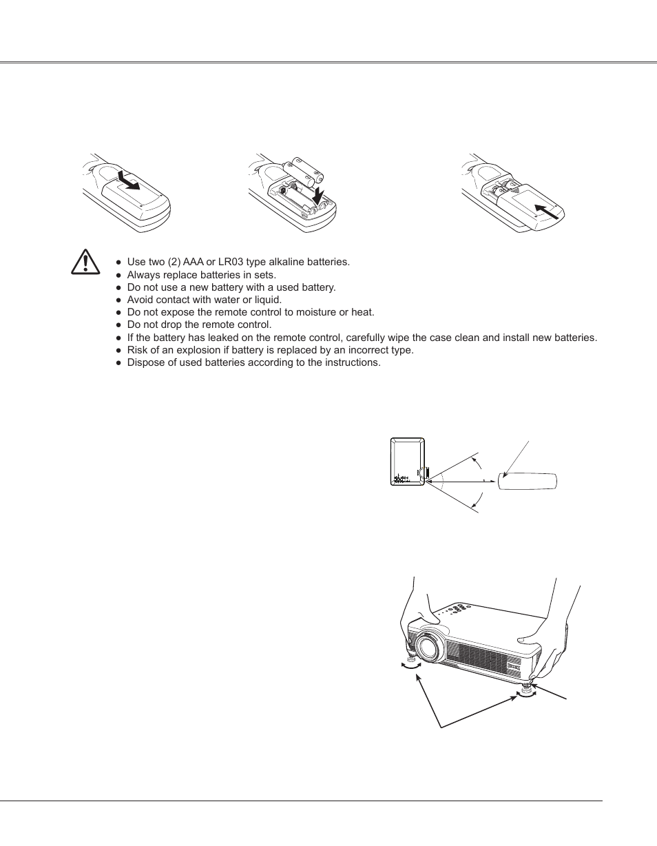 Remote control battery installation, Remote control operating range, Adjustable feet | Part names and functions, Part names and functions adjustable feet | Eiki LC-XB33N User Manual | Page 15 / 77