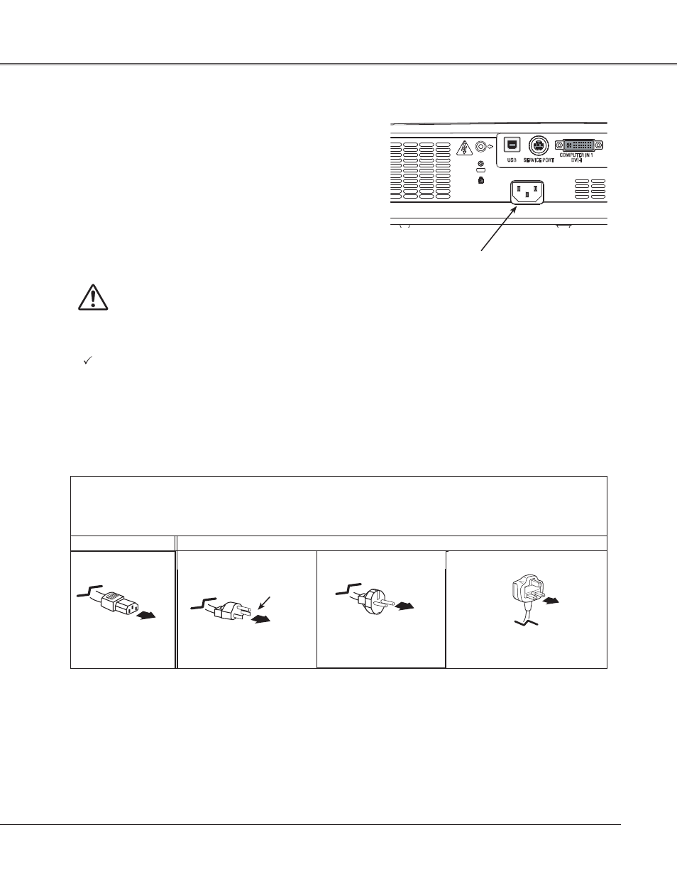 Connecting the ac power cord, 17 installation, Installation connecting the ac power cord | Eiki LC-XB33N User Manual | Page 17 / 77