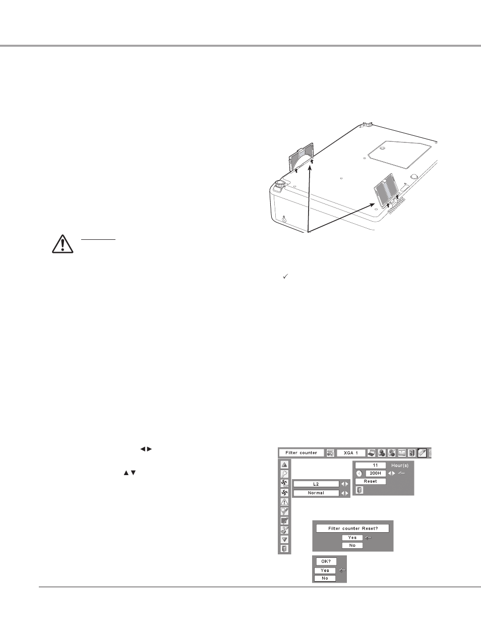 Cleaning the air filters, Resetting the filter counter, Cleaning the filter | Eiki LC-XB33N User Manual | Page 58 / 77