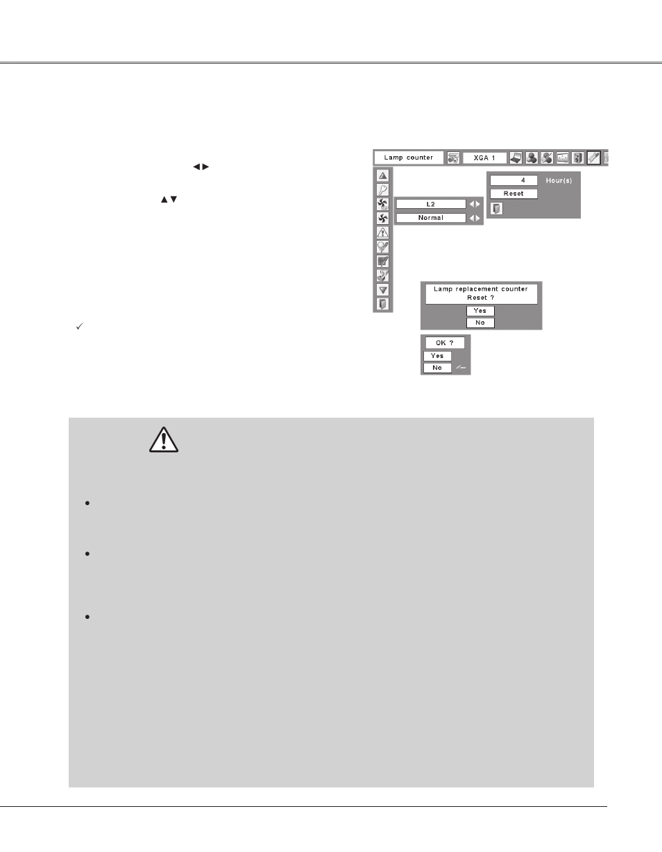 Resetting the lamp counter, Lamp handling precautions, Maintenance and cleaning | Eiki LC-XB33N User Manual | Page 61 / 77