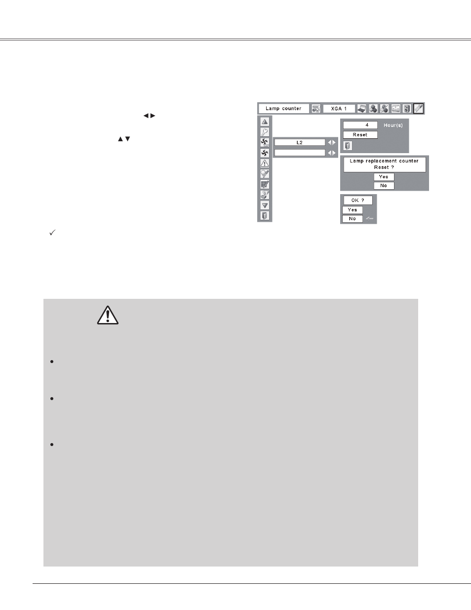 Resetting the lamp counter, Lamp handling precautions, Maintenance and cleaning | Eiki LC-XB42 User Manual | Page 58 / 71