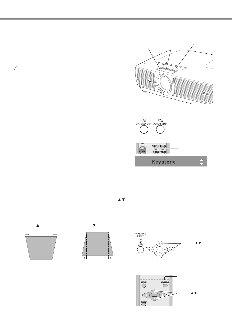 Zoom and focus adjustment, Auto setup function, Keystone correction | Basic operation | Eiki LC-XS25 User Manual | Page 22 / 80