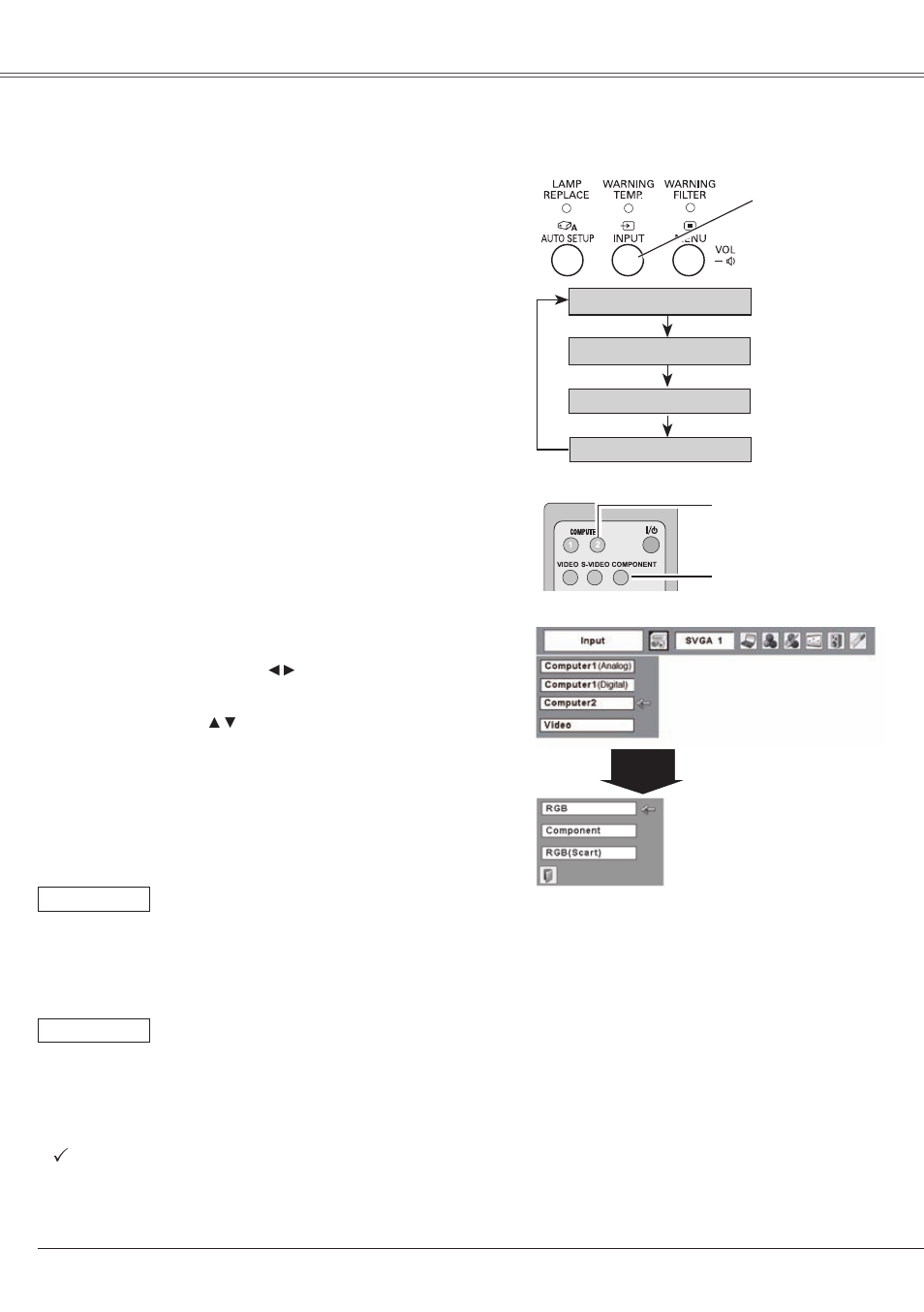 Input source selection (component, Rgb scart 21-pin), Video input | Eiki LC-XS25 User Manual | Page 38 / 80