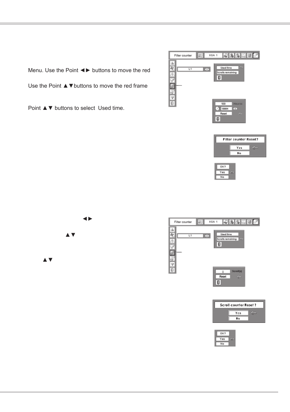 Resetting the filter counter, Resetting the scroll counter | Eiki LC-XS25 User Manual | Page 59 / 80