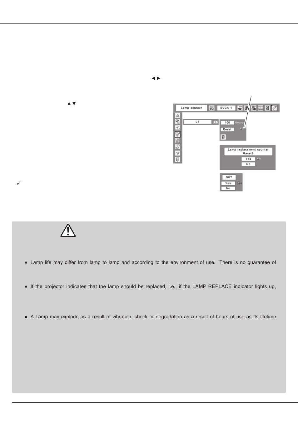 Resetting the lamp counter, Lamp handling precautions | Eiki LC-XS25 User Manual | Page 62 / 80