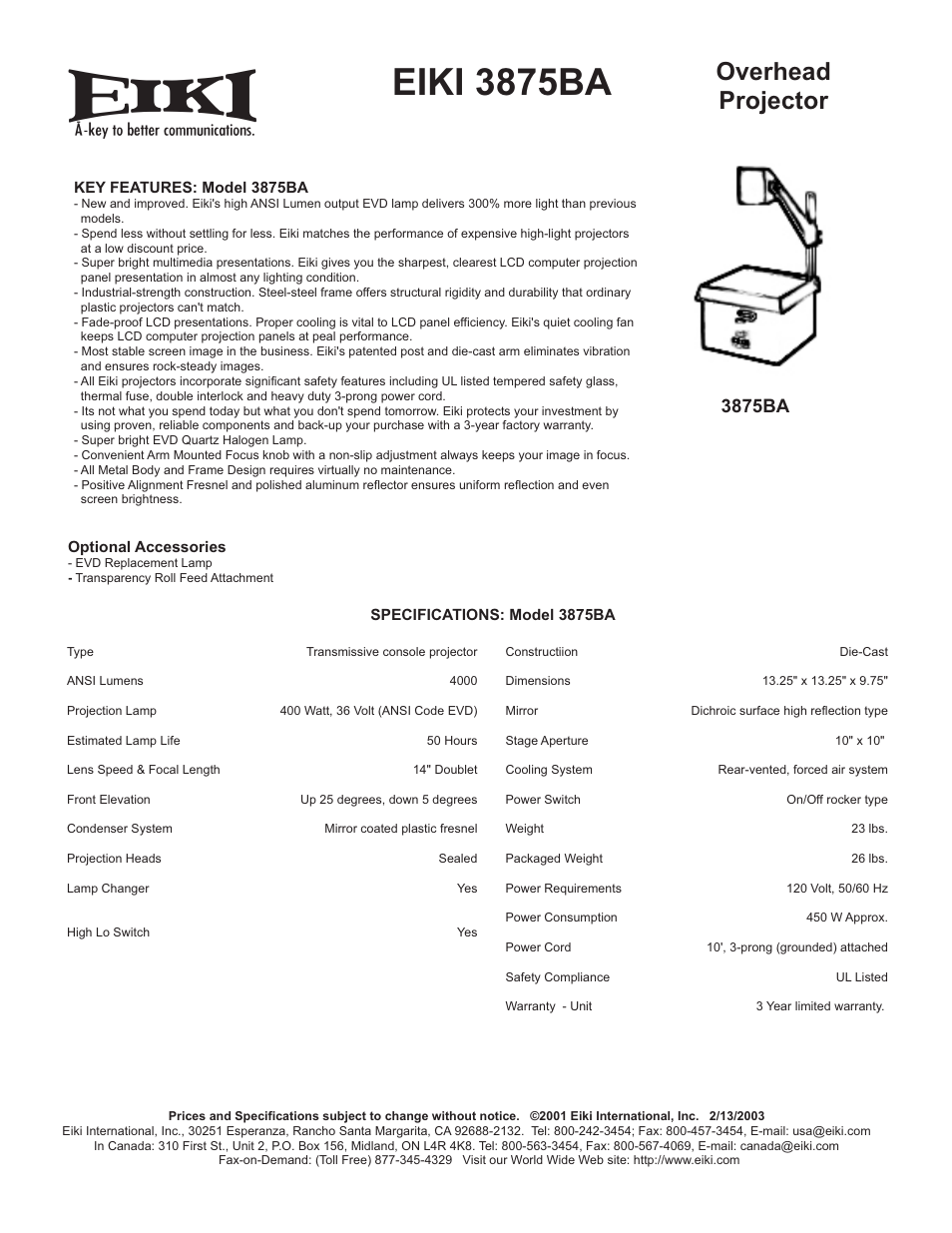 Eiki 3875BA User Manual | 1 page