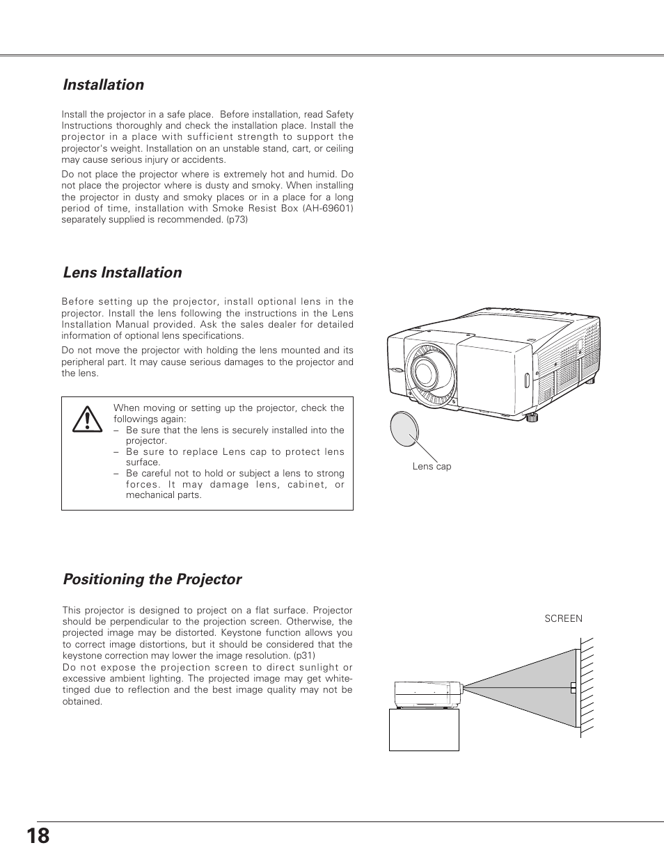 Installation, Lens installation, Positioning the projector | Remote control battery installation, Lens installation installation | Eiki LC-SX6A User Manual | Page 18 / 84