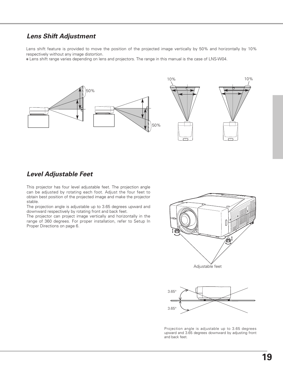 Lens shift adjustment, Level adjustable feet | Eiki LC-SX6A User Manual | Page 19 / 84