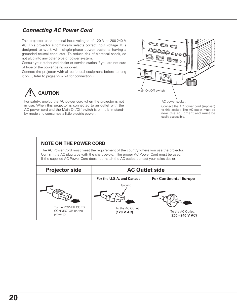 Connecting ac power cord, Projector side ac outlet side | Eiki LC-SX6A User Manual | Page 20 / 84