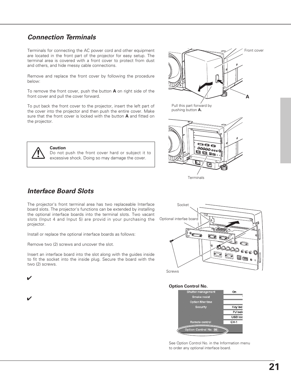 Connection terminals, Interface board slots | Eiki LC-SX6A User Manual | Page 21 / 84