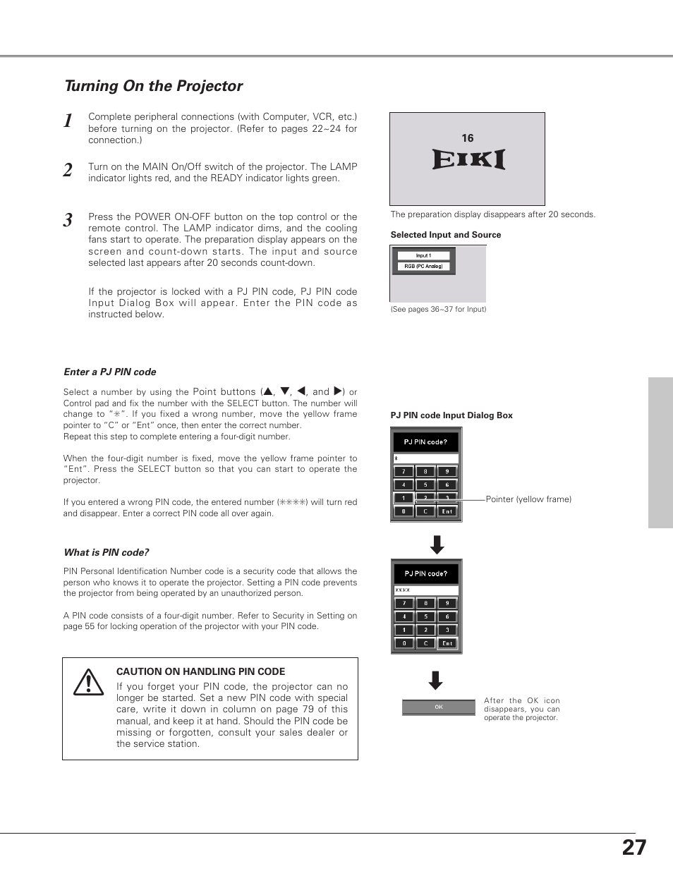 Basic operation and referenc, Basic operation and reference buttons, Turning on the projector | Eiki LC-SX6A User Manual | Page 27 / 84