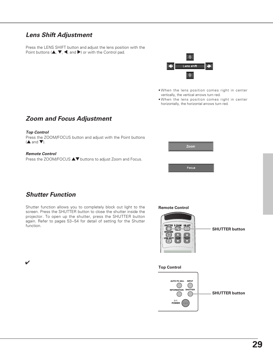 Turning off the projecto, Turning off the projector, Shutter function | Zoom and focus adjustment lens shift adjustment, Basic operation, Basic oper ation | Eiki LC-SX6A User Manual | Page 29 / 84