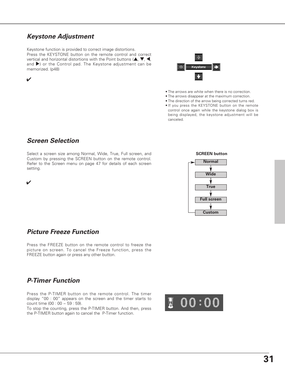 Input selectio, Auto pc adjustmen, Informatio | Lens shift adjustment, Zoom and focus adjustment, Shutter function, Input selection, Auto pc adjustment, Information, P-timer function | Eiki LC-SX6A User Manual | Page 31 / 84