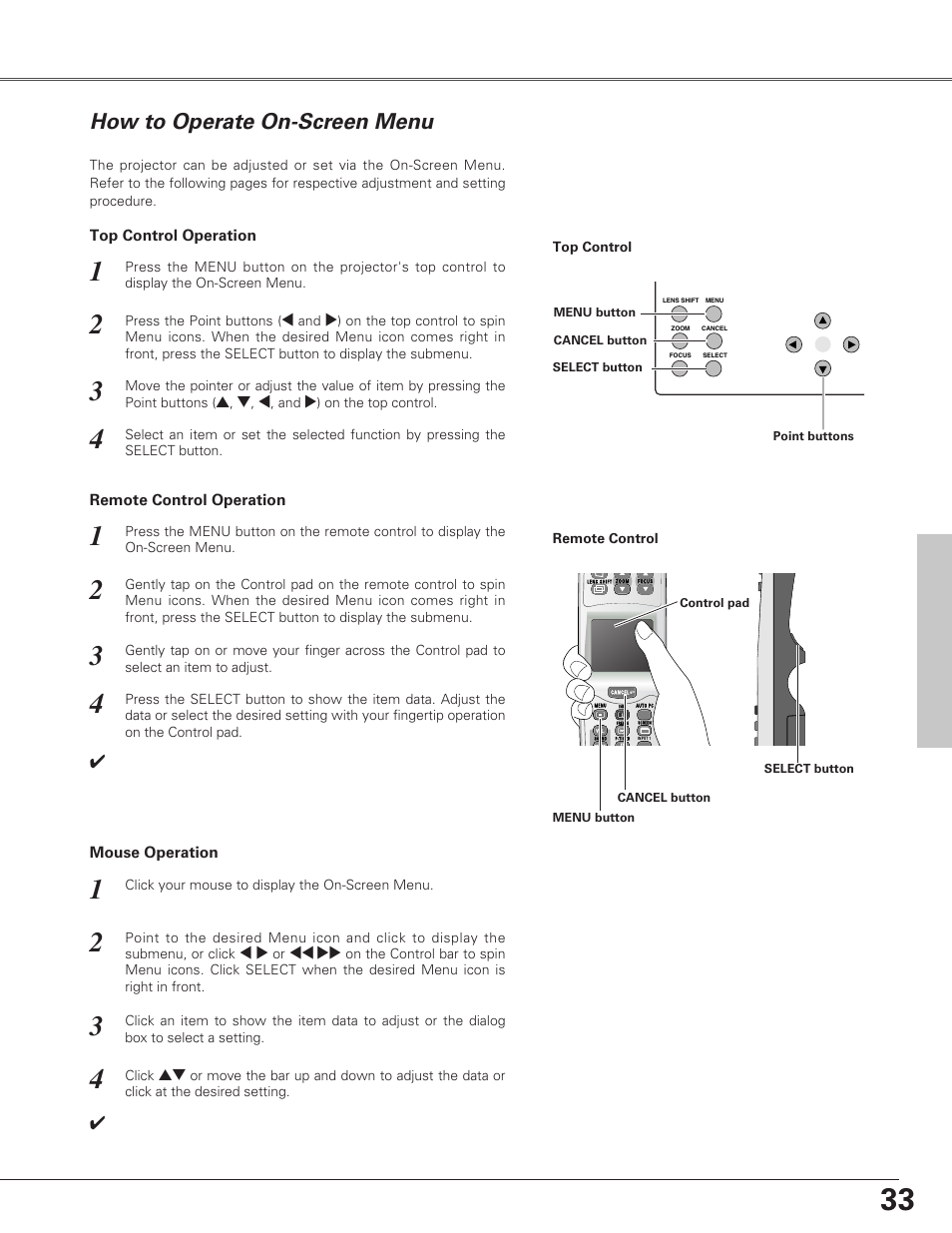 D. zoom +/ð functio, D. zoom +/– function, How to operate on-screen menu | Basic operation, Basic oper ation | Eiki LC-SX6A User Manual | Page 33 / 84