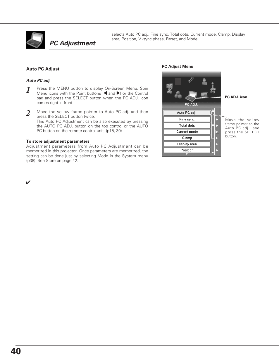 Computer adjustment, Pc adjustment | Eiki LC-SX6A User Manual | Page 40 / 84