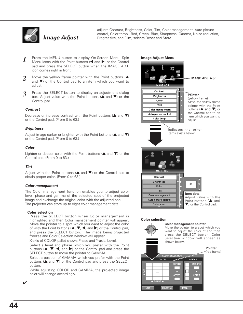 Image adjustmen, Imag, Image adjustment | Image, Image adjust | Eiki LC-SX6A User Manual | Page 44 / 84