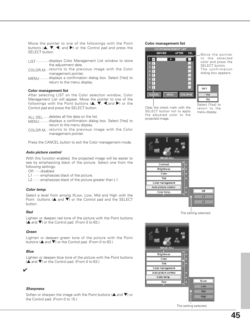 Image adjust, Image adjustment | Eiki LC-SX6A User Manual | Page 45 / 84