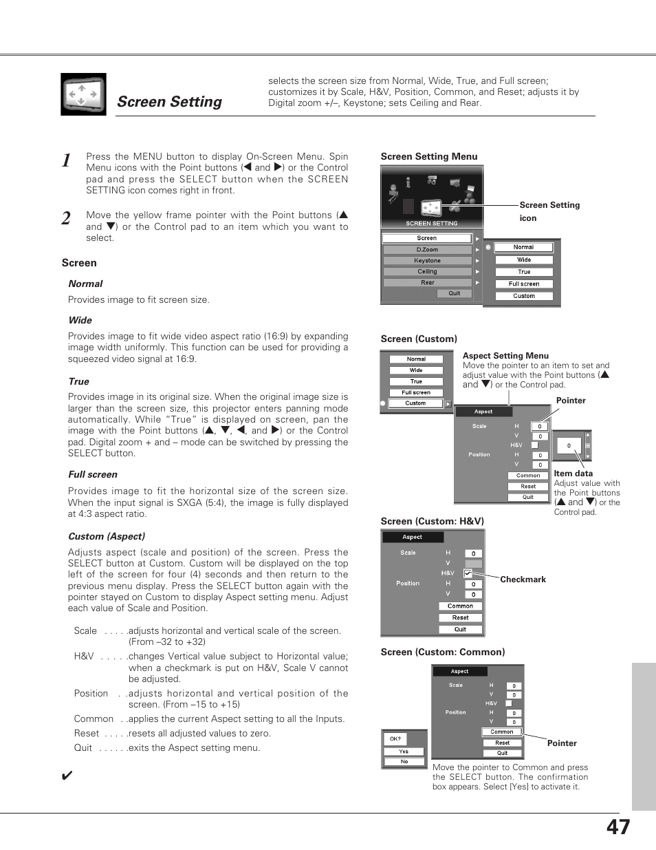 Screen setting | Eiki LC-SX6A User Manual | Page 47 / 84