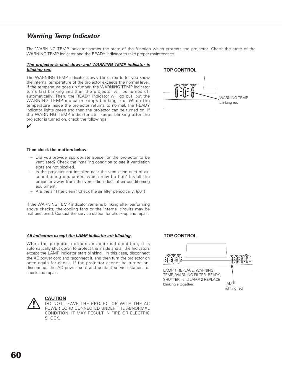 Maintenance and cleaning, Warning temp indicator | Eiki LC-SX6A User Manual | Page 60 / 84