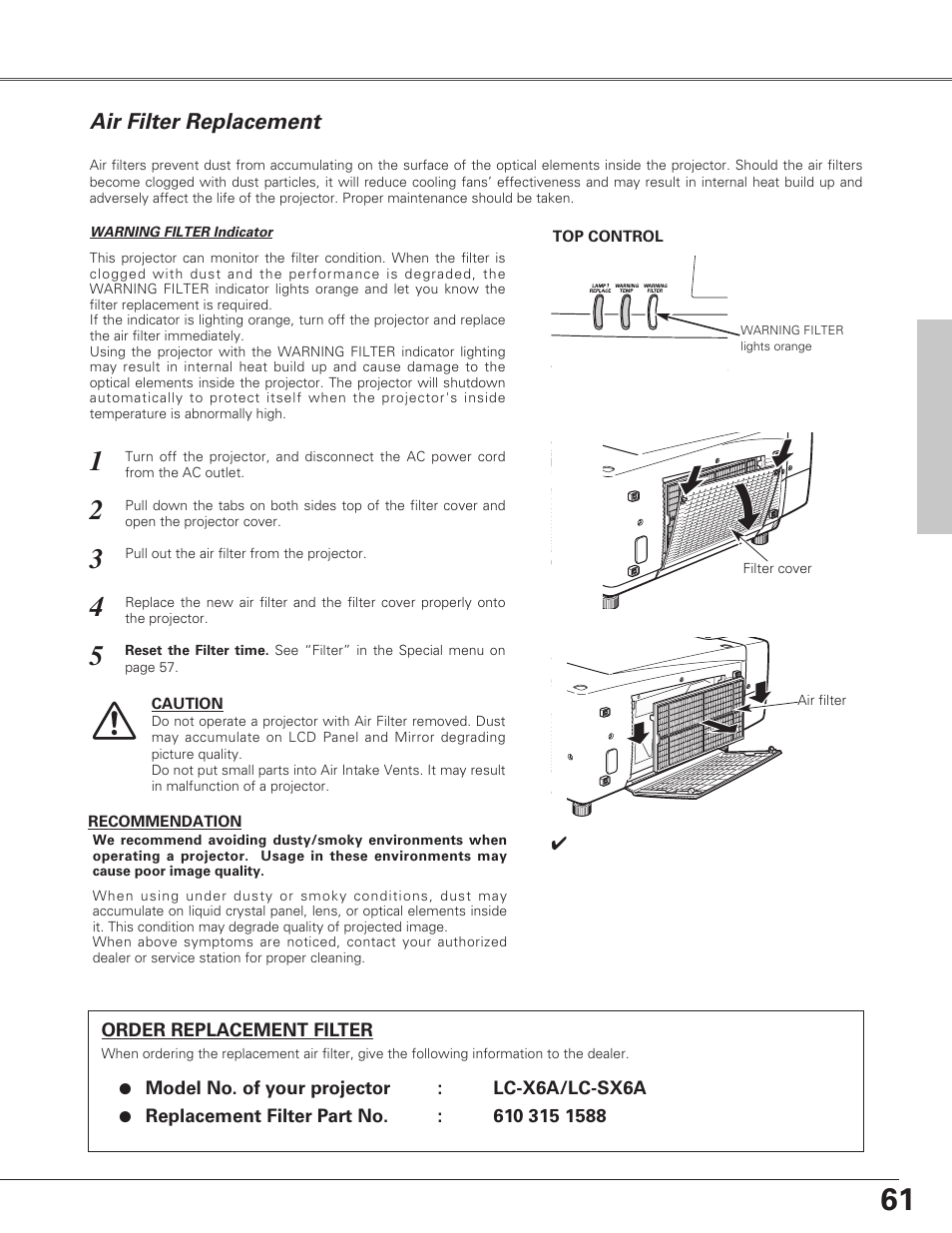 Air filter replacement | Eiki LC-SX6A User Manual | Page 61 / 84
