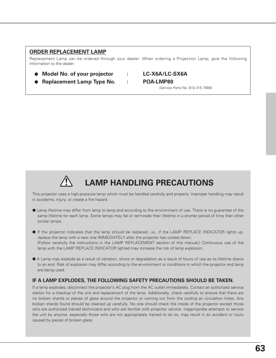 Air filter replacemen, Air filter replacement, Lamp handling precautions | Eiki LC-SX6A User Manual | Page 63 / 84