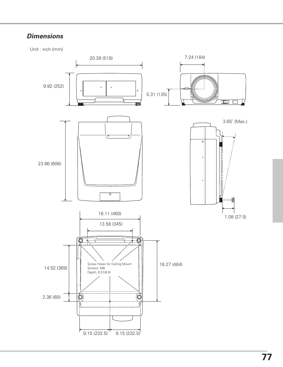 Dimensions | Eiki LC-SX6A User Manual | Page 77 / 84