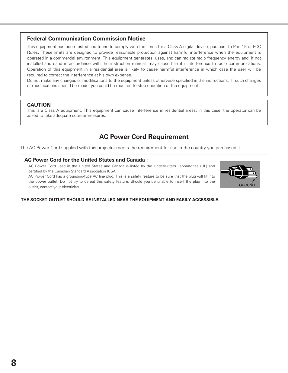 Compliance, Ac power cord requirement | Eiki LC-SX6A User Manual | Page 8 / 84