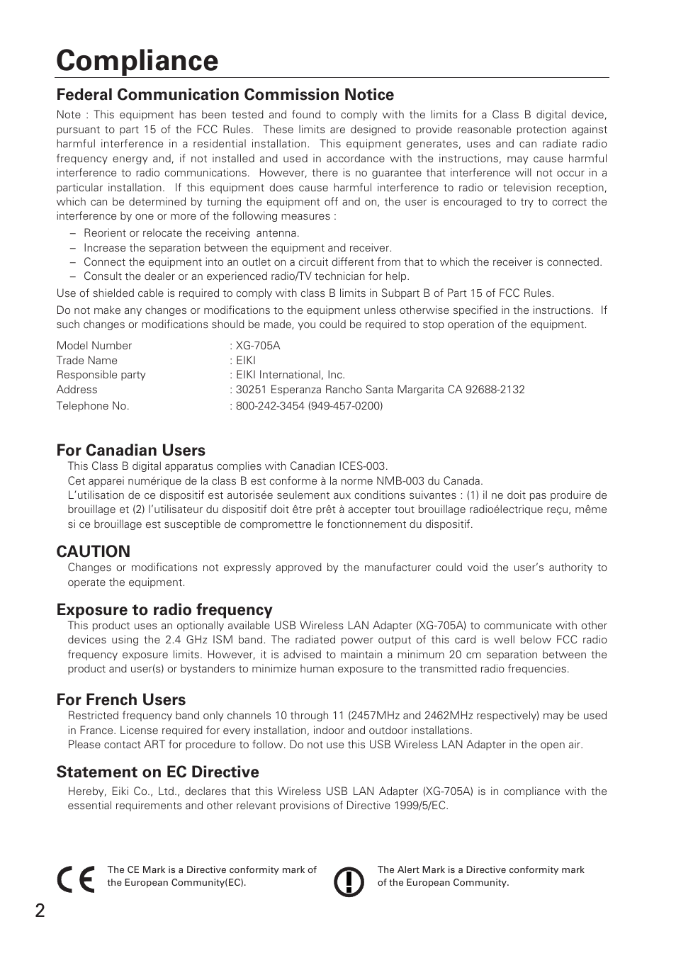 Compliance, For canadian users, Caution | Exposure to radio frequency, For french users, Statement on ec directive, Federal communication commission notice | Eiki XG-705A User Manual | Page 2 / 96