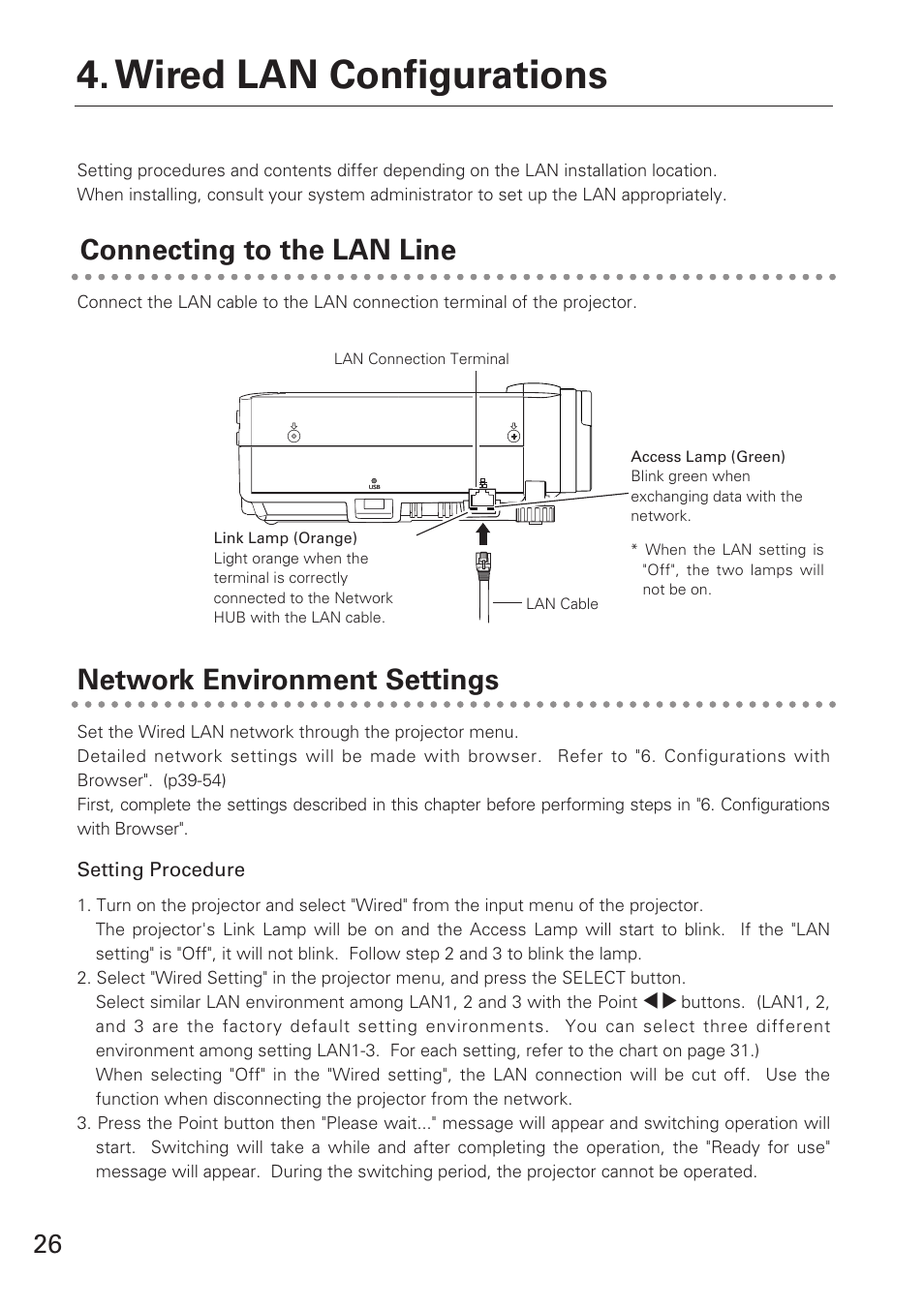 Connecting to the lan line, Network environment settings, Setting procedure | Wired lan configurations | Eiki XG-705A User Manual | Page 26 / 96