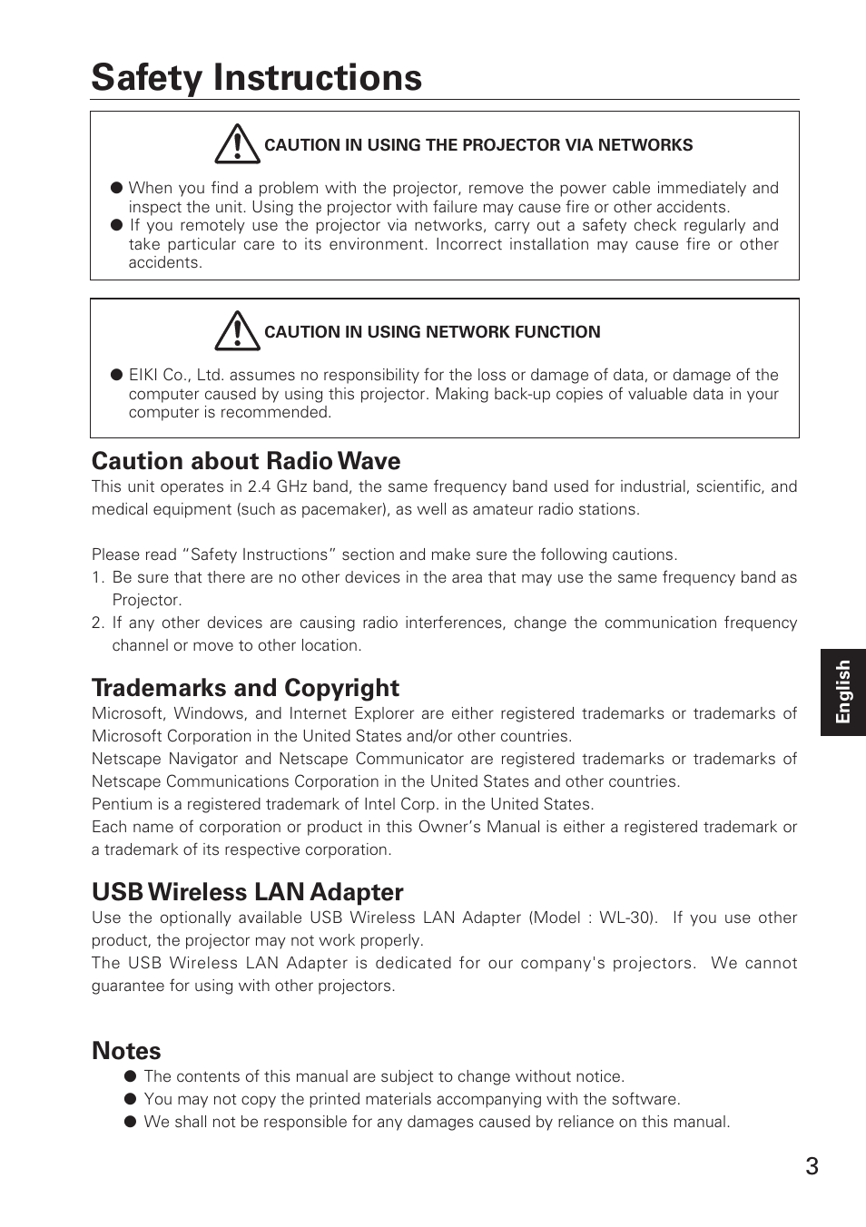 Safety instructions, Caution about radio wave, Trademarks and copyright | Usb wireless lan adapter | Eiki XG-705A User Manual | Page 3 / 96