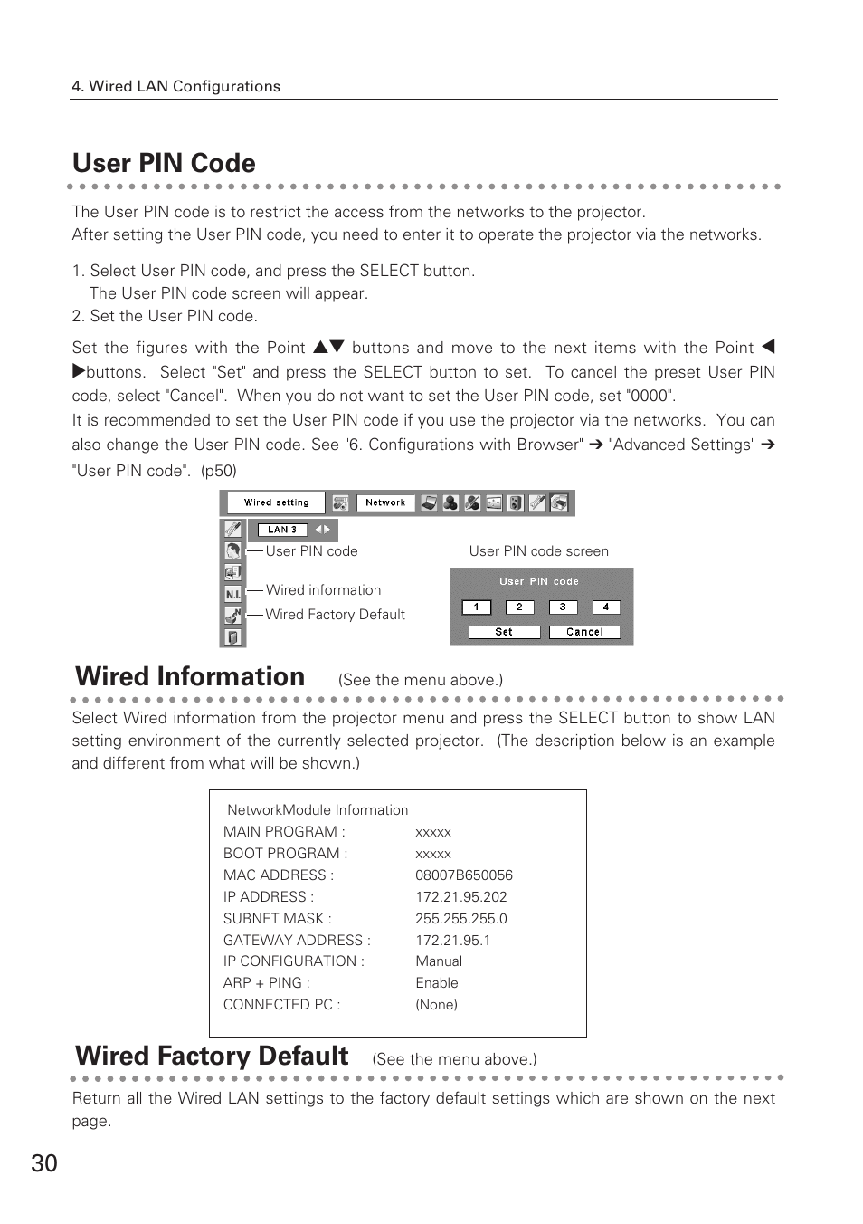 User pin c, Wired informati, Wired factory default | Wired information user pin code | Eiki XG-705A User Manual | Page 30 / 96