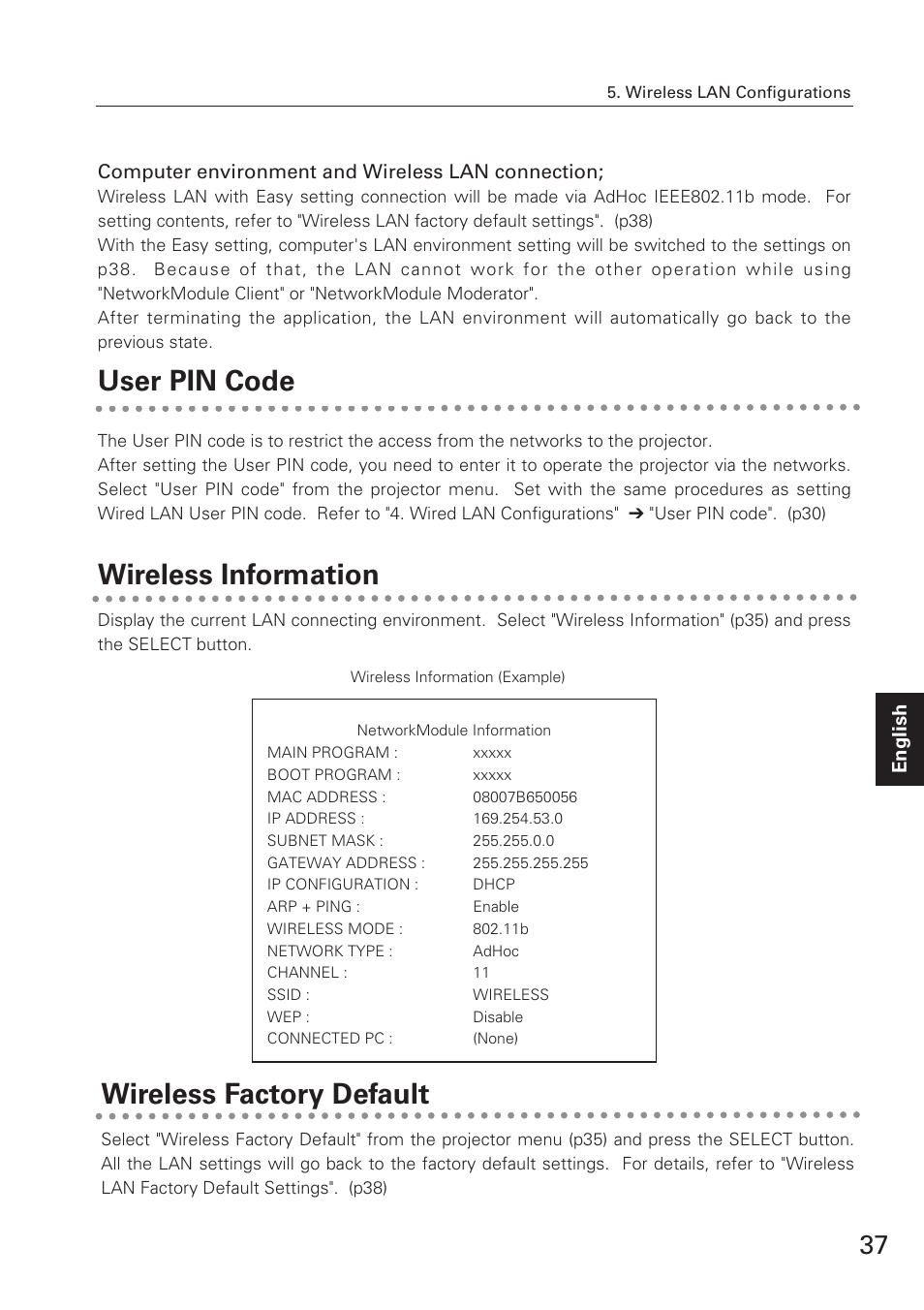 User pin c, Wireless informat, Wireless factory default | Wireless information user pin code | Eiki XG-705A User Manual | Page 37 / 96
