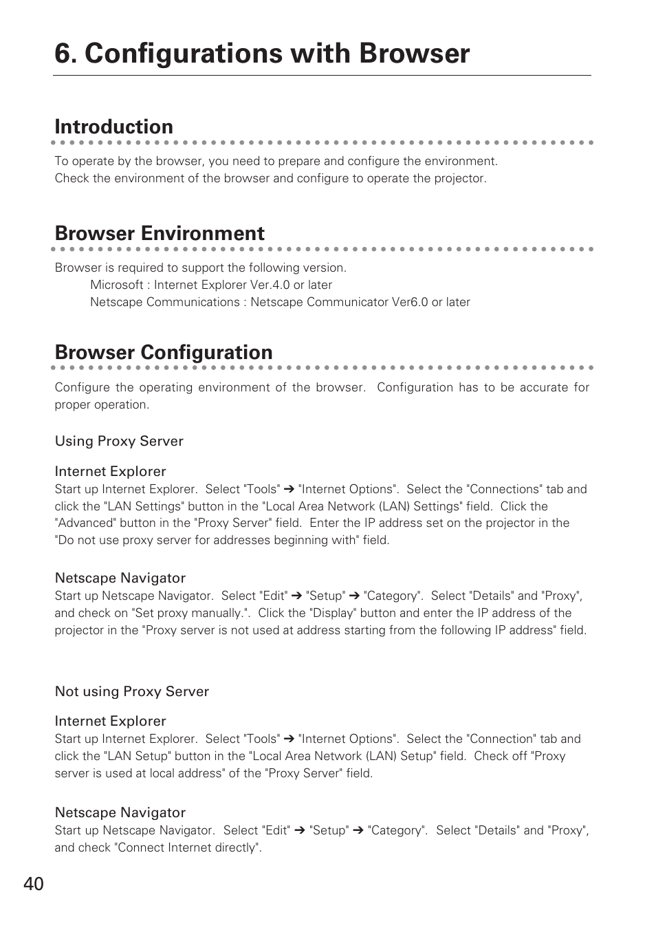 Introduction, Browser environment, Browser configuration | Configurations with browser, Browser environment introduction | Eiki XG-705A User Manual | Page 40 / 96