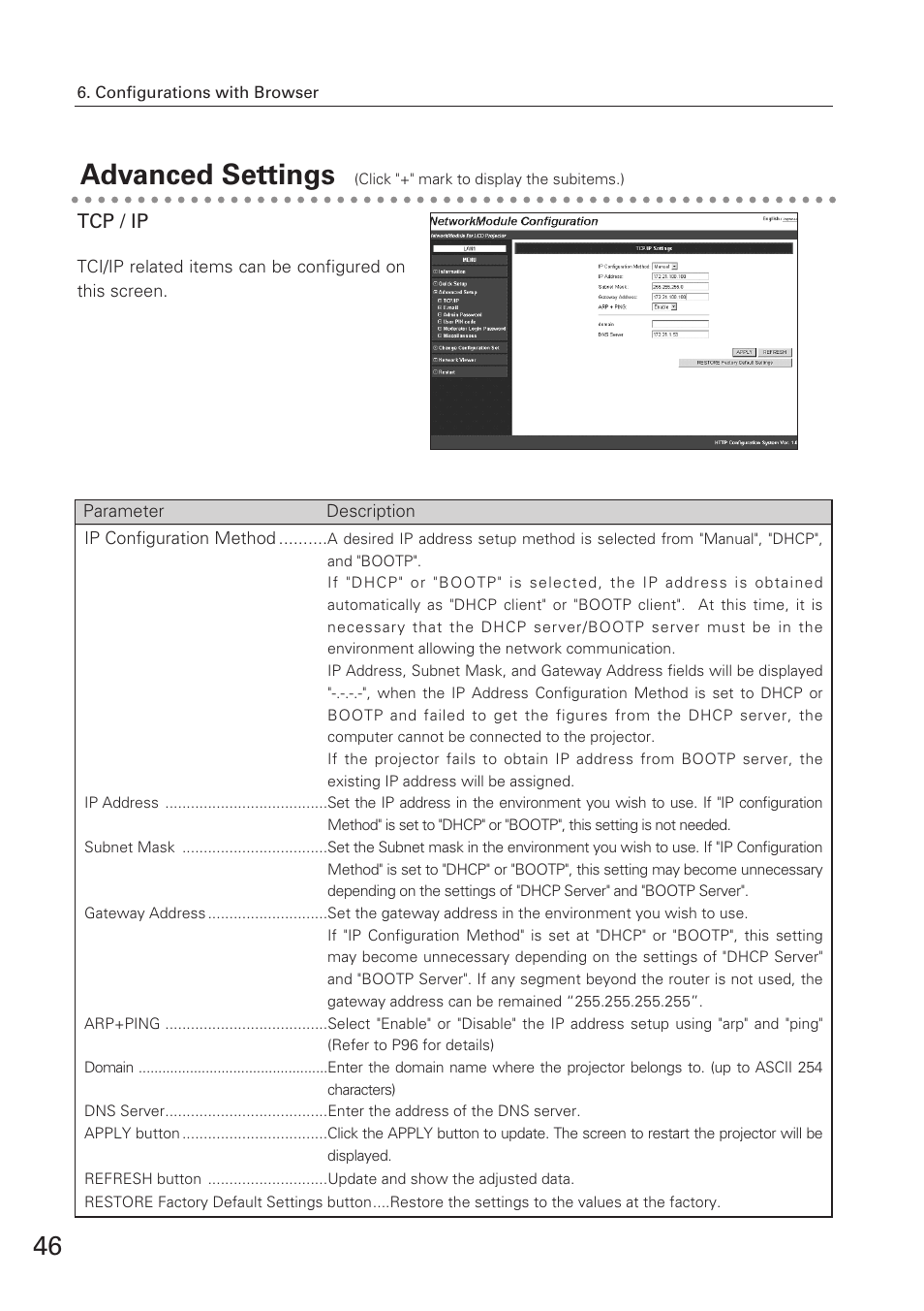 Advanced settings, Tcp / ip | Eiki XG-705A User Manual | Page 46 / 96