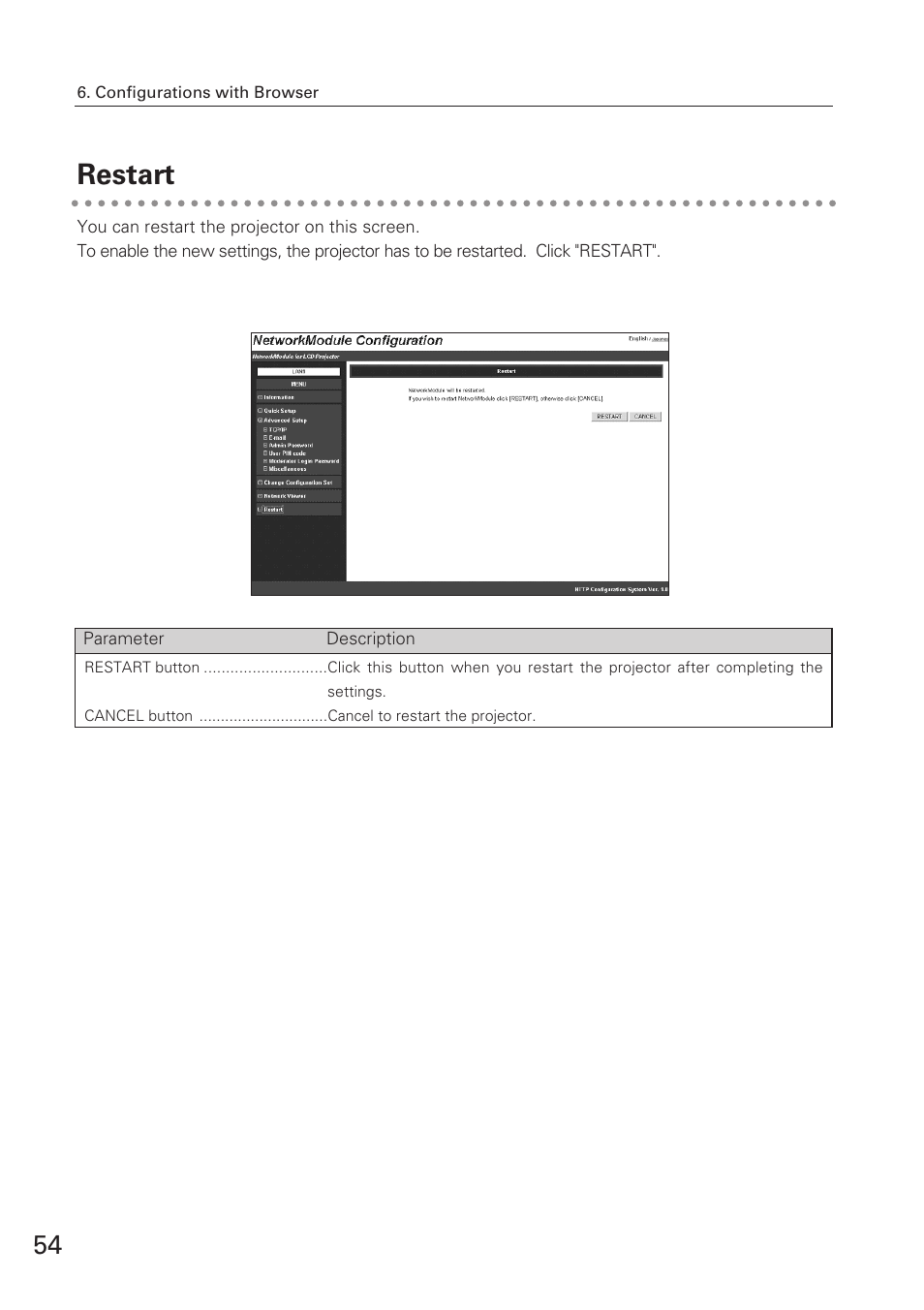 Restart | Eiki XG-705A User Manual | Page 54 / 96