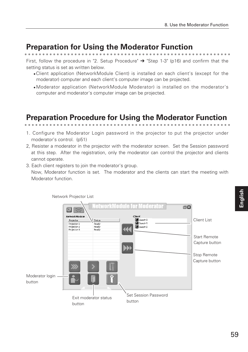 Preparation for using the mo, Preparation procedure for us, Preparation for using the moderator function | Eiki XG-705A User Manual | Page 59 / 96