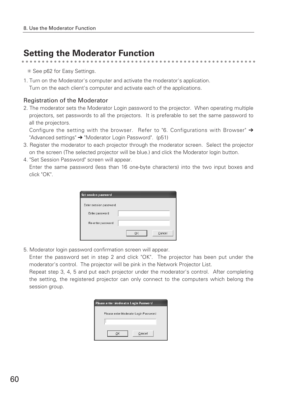 Setting the moderator function, Registration of the moderator | Eiki XG-705A User Manual | Page 60 / 96