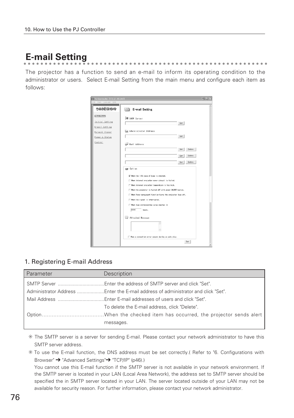 E-mail setting | Eiki XG-705A User Manual | Page 76 / 96