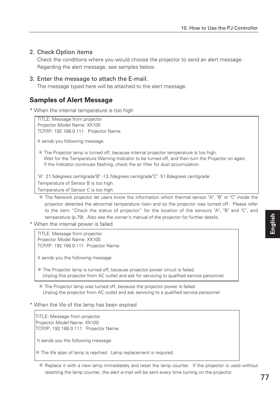 Samples of alert message | Eiki XG-705A User Manual | Page 77 / 96