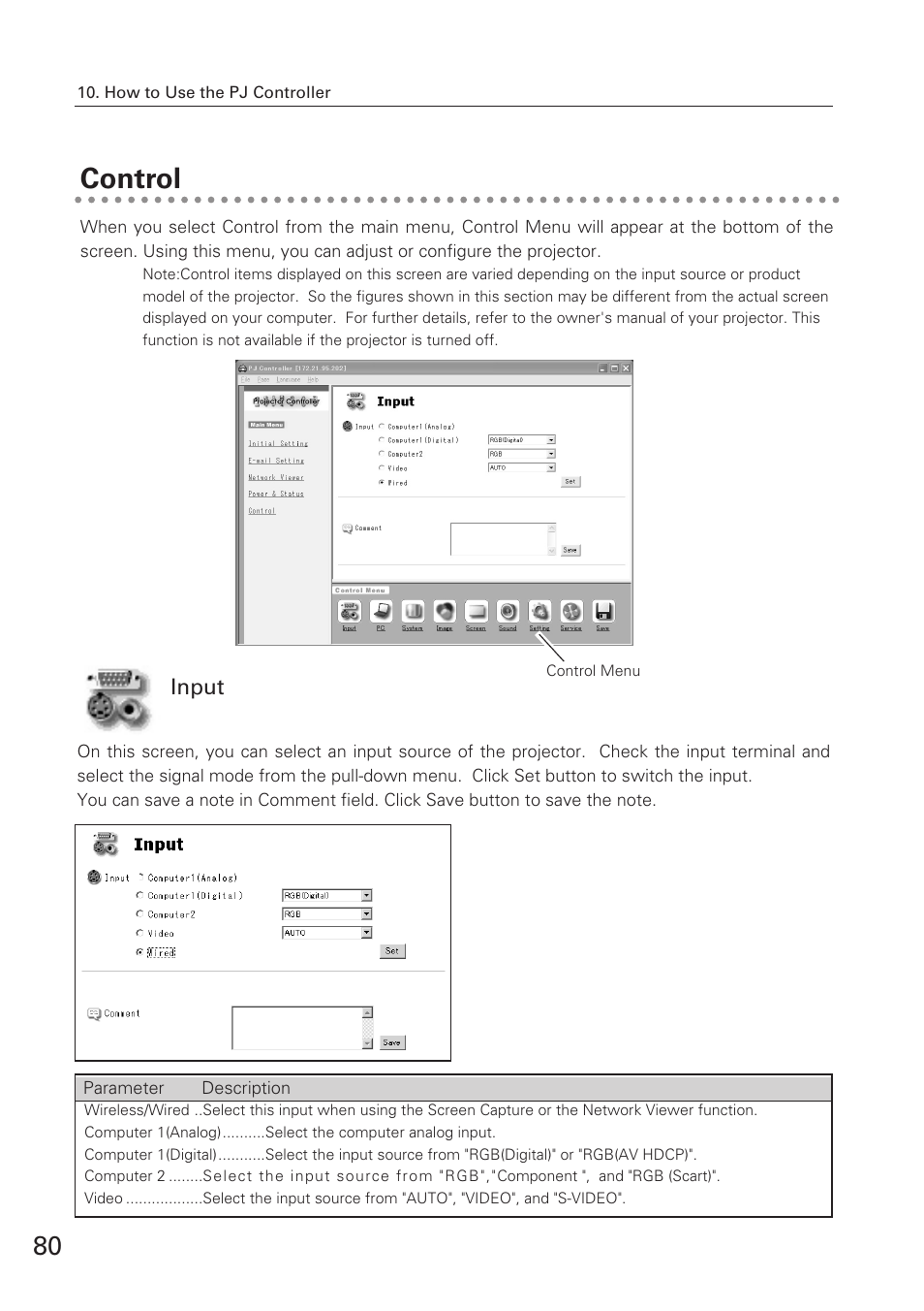 Control, Input | Eiki XG-705A User Manual | Page 80 / 96