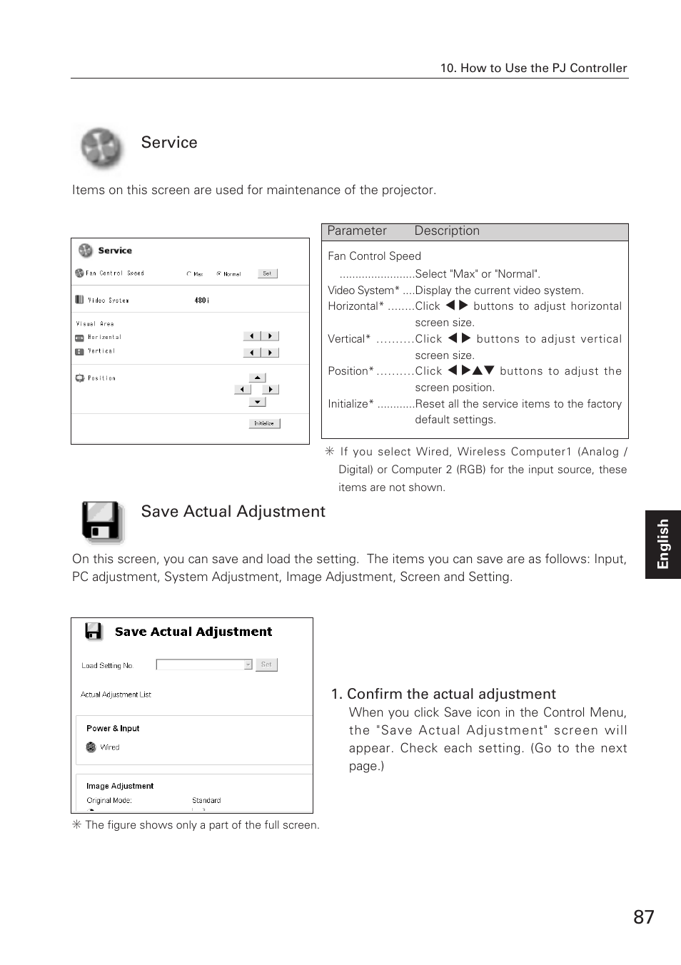 Service, Save actual adjustment | Eiki XG-705A User Manual | Page 87 / 96