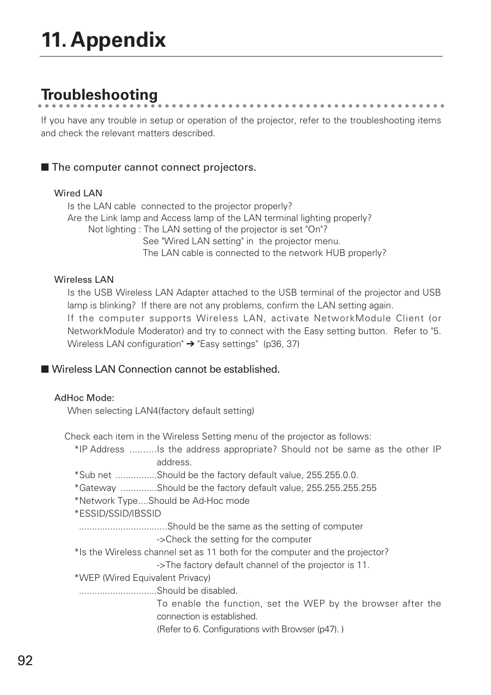 Troubleshooting, Appendix | Eiki XG-705A User Manual | Page 92 / 96