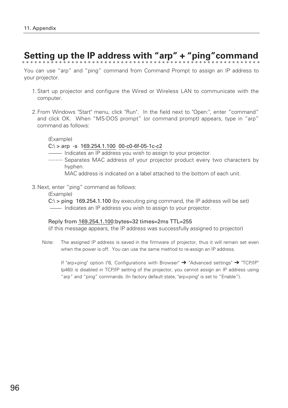 Setting up the ip address wi | Eiki XG-705A User Manual | Page 96 / 96