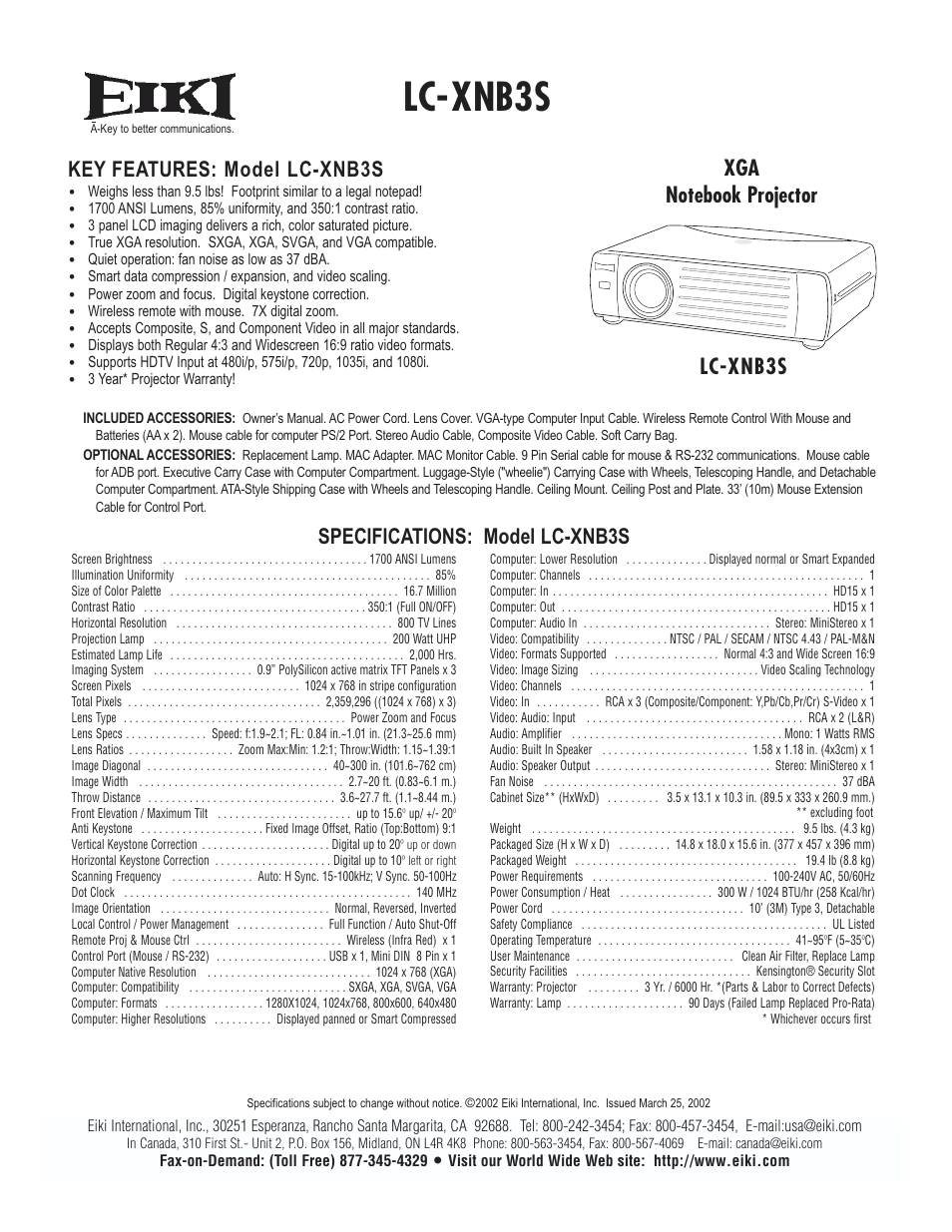 Eiki LC-XNB3S User Manual | 1 page