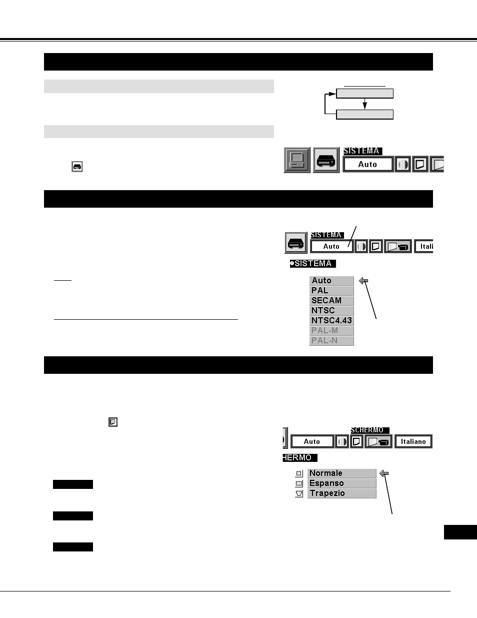 Modalità video, Selezione della modalità video, Selezione del sistema video | Regolazione dello schermo dell’immagine, Operazione diretta, Uso del menu | Eiki LC-NB2W User Manual | Page 143 / 191