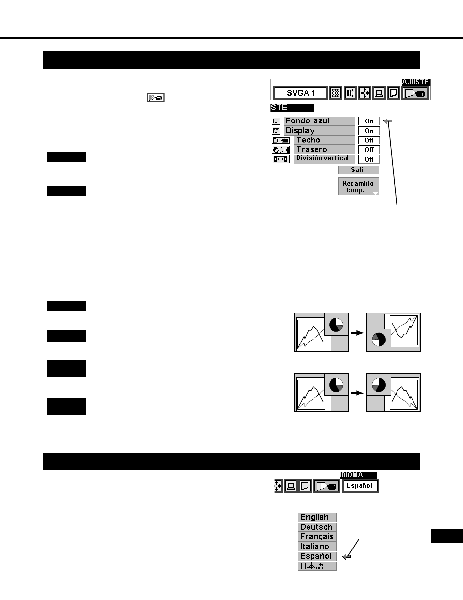 Ajuste, Menú de ajuste, Ajuste del idioma | Eiki LC-NB2W User Manual | Page 183 / 191