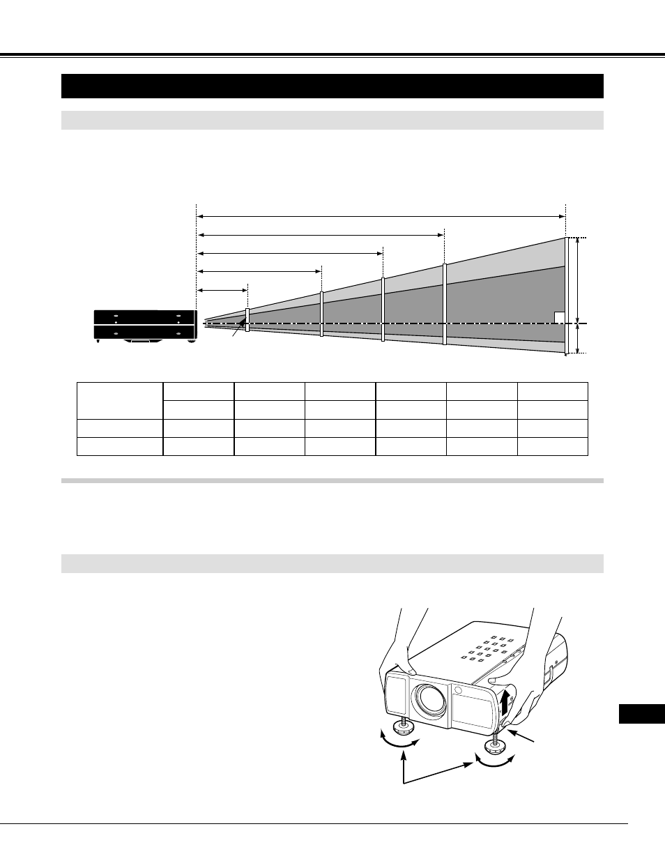 Installation du projecteur, Preparatifs, Positionnement du projecteur | Pieds reglables | Eiki LC-NB2W User Manual | Page 83 / 191