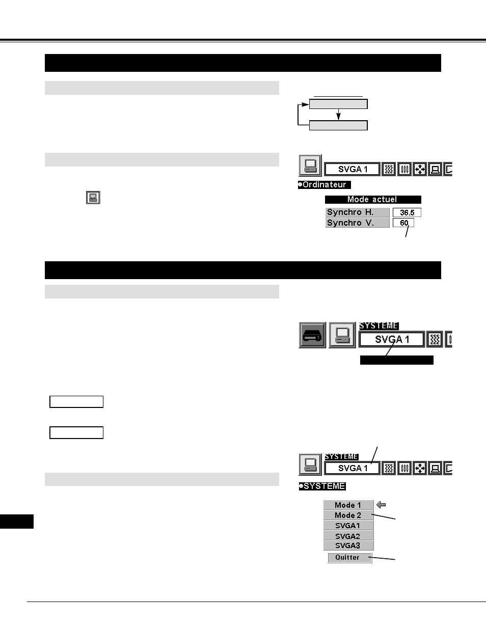 Mode d’ordinateur, Selection du mode d’ordinateur, Selection du systeme d’ordinateur | Operation directe, Operation par menu, Systeme de multi-balayage automatique, Selection manuelle du systeme d’ordinateur | Eiki LC-NB2W User Manual | Page 98 / 191