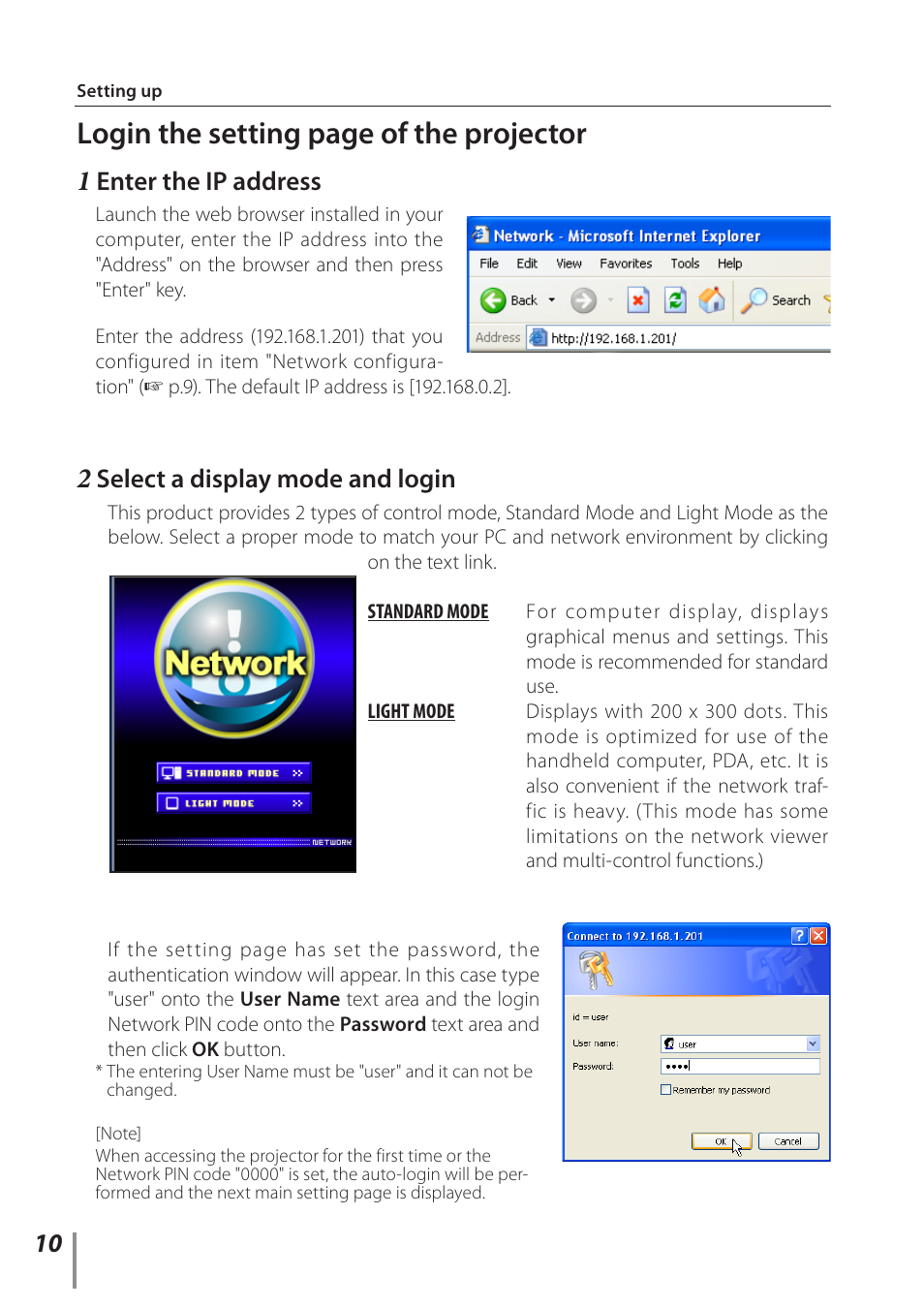 Login the setting page of the projector, Enter the ip address, Select a display mode and login | Eiki PJNET-30 User Manual | Page 10 / 14